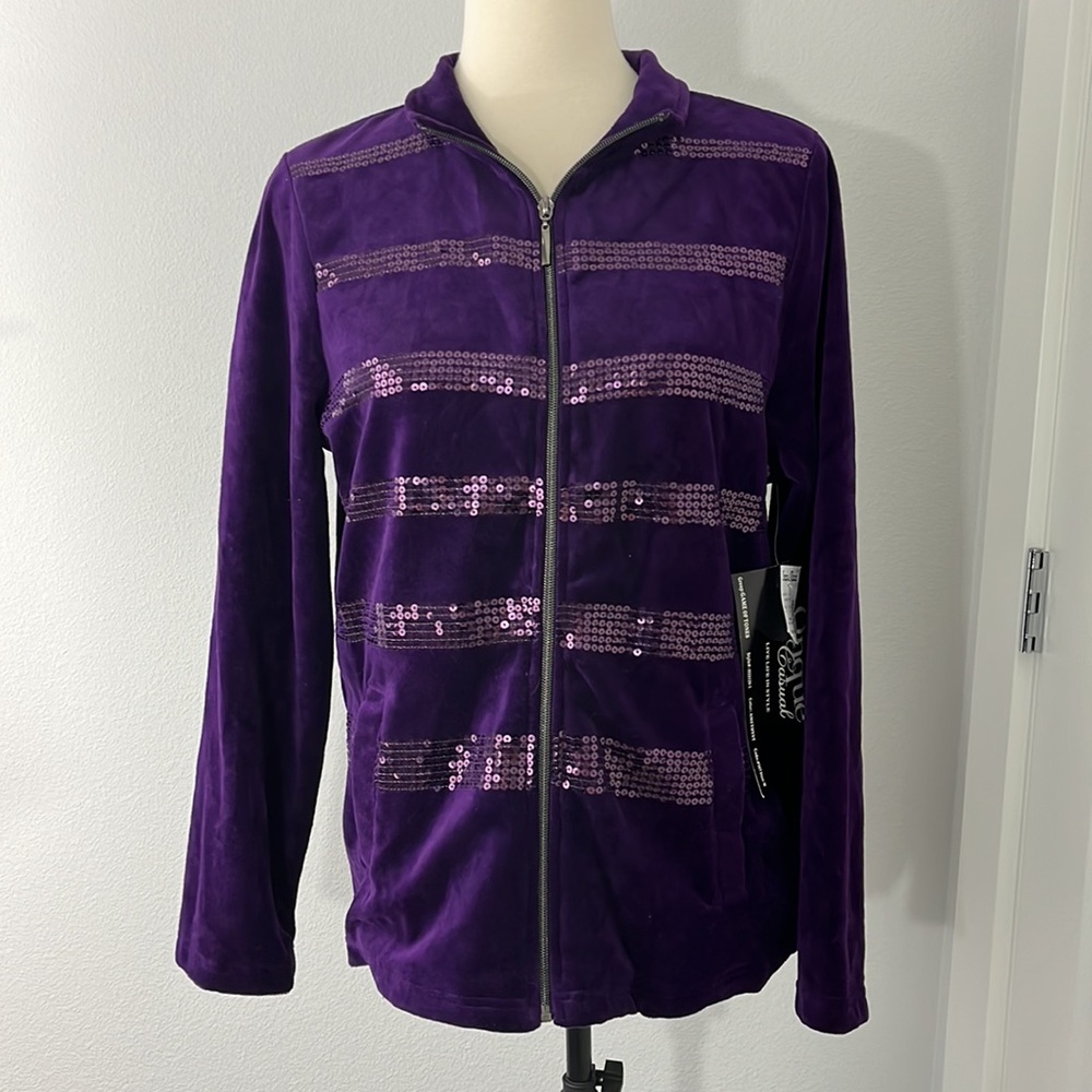 New Onque Casual Medium Purple Glam Velour Zip Up Sweatshirt with Pockets - Picture 2 of 12